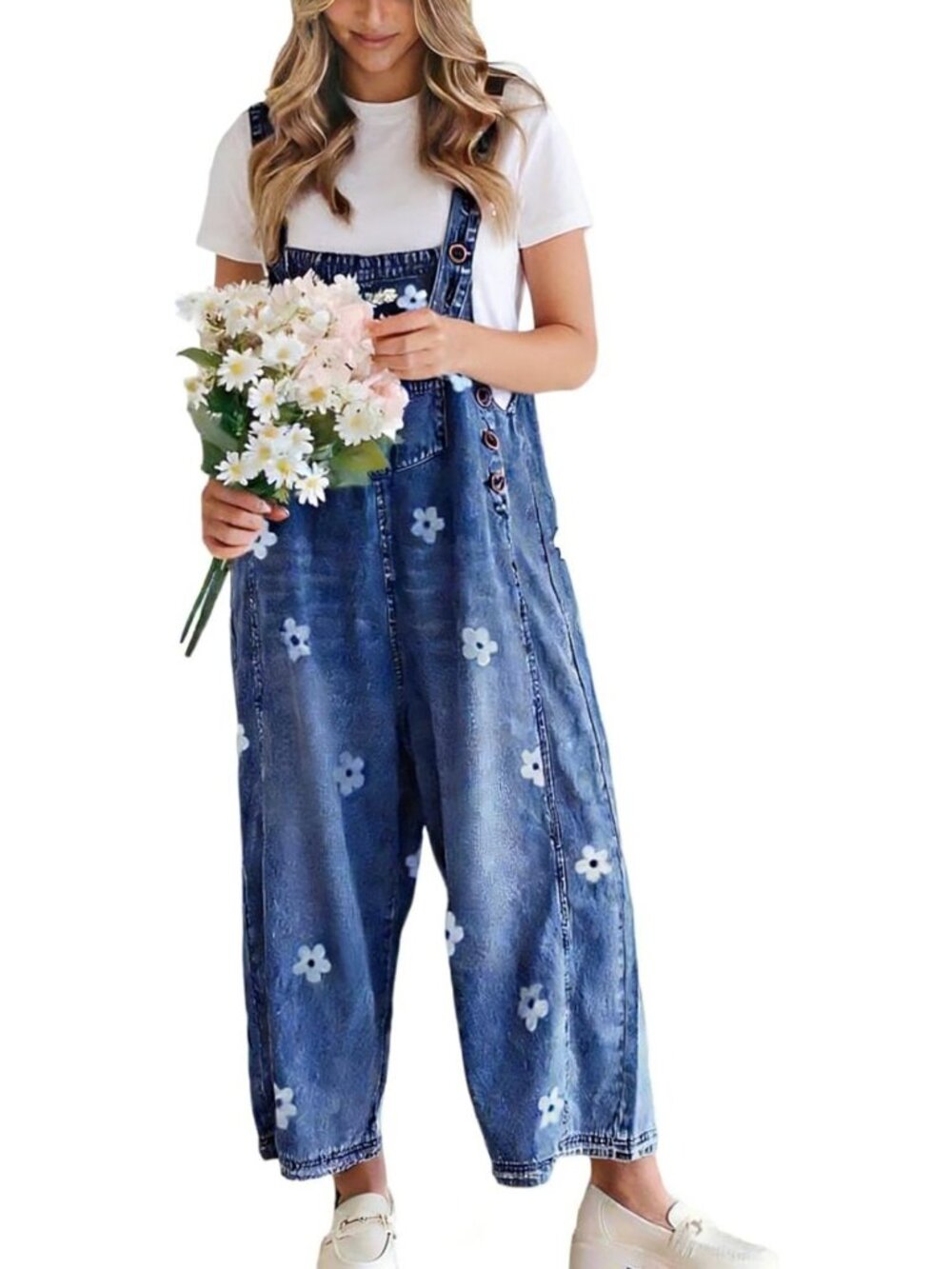 Floral Print Adjustable Strap Denim Bib Overalls | Casual Wide Leg Jumpsuit